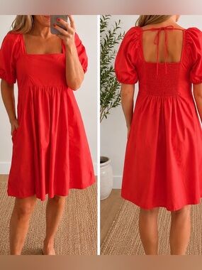 Draper James Coral Pink Cotton Poplin Puff Sleeve Dress